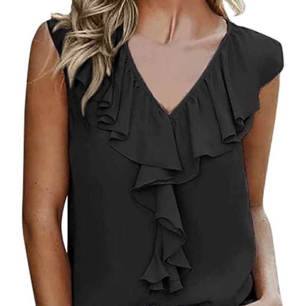 Sleeveless V Neck Blouse Solid Black Ruffle Trim